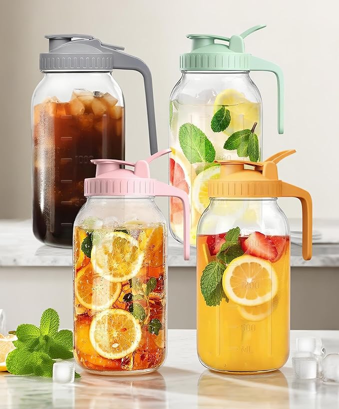 64oz Large Mason Jar Pitcher with Lid,2 Quart Airtight Glass Tea Pitchers for Fridge, Leak-Proof Coffee Dispenser,Heavy Duty Water Container for Cold Brew Juice,Breastmilk Storage-(Black+Green+Yellow)