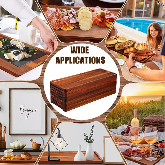 10 Pack Solid Wood Serving Trays 16.7 x 6.4 Inch Acacia Wooden Server Platter Rectangular Charcuterie Boards with Grooved Handle for Home Room Coffee Cheese Appetizer Table Farmhouse Serving Decor