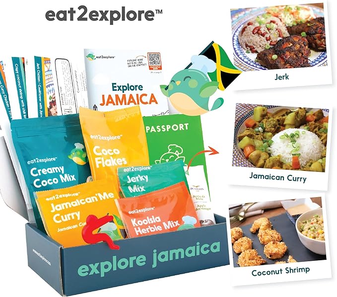 eat2explore Cooking Kits for Kids – Interactive & Educational Kids Cooking Sets Real for Ages 5 and Up,3 Recipe Cards & Global Ingredients – Fun Gift for Young Chefs (Jamaica Edition)
