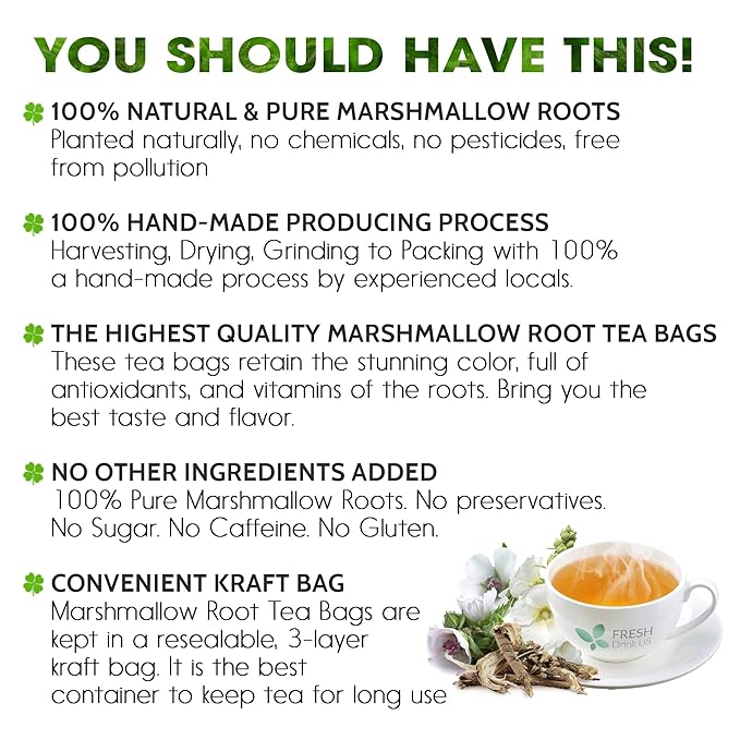 FreshDrinkUS, Premium 75 Marshmallow Root Tea Bags, 100% Natural & Pure from Marshmallow Root, Eco-Conscious Tea Bags, Herbal Tea. No Sugar, No Caffeine, No Gluten, Vegan.