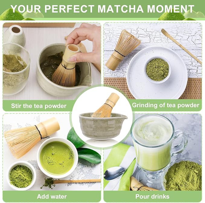 Matcha Whisk Set,5Pcs Japanese Matcha Tea Set - Matcha Bowl with Spout,Matcha Whisk Holder, Bamboo Whisk, 2Pcs Scoop, Matcha Kit Gift for Matcha Lovers Christmas,Matcha Starter Set(Mottled Green)