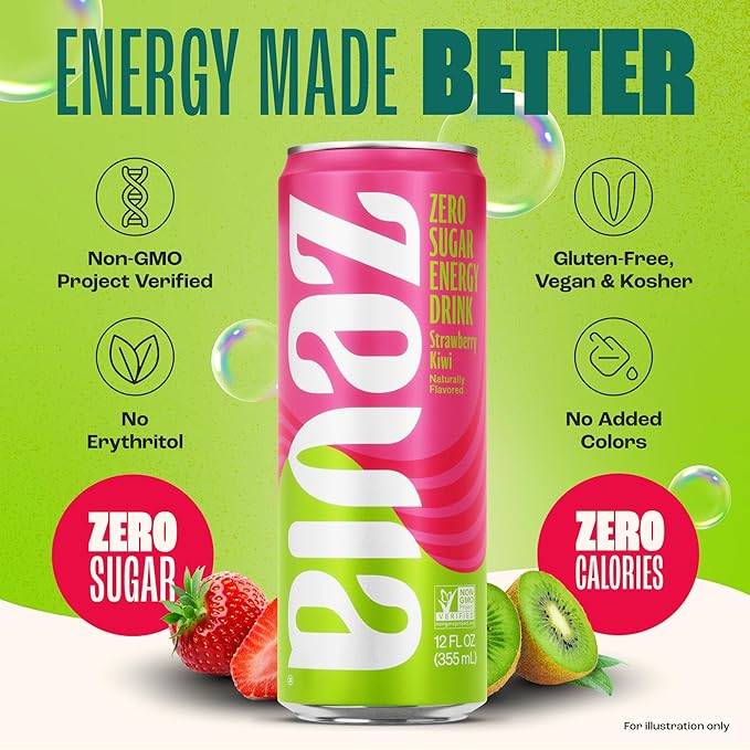 Zevia Zero Sugar Energy Drink, Strawberry Kiwi, 12 oz Cans (12-Pack) – Naturally Sweetened, Zero Calorie Sugar Free Energy - Non-GMO Project Verified, Gluten-Free, Vegan