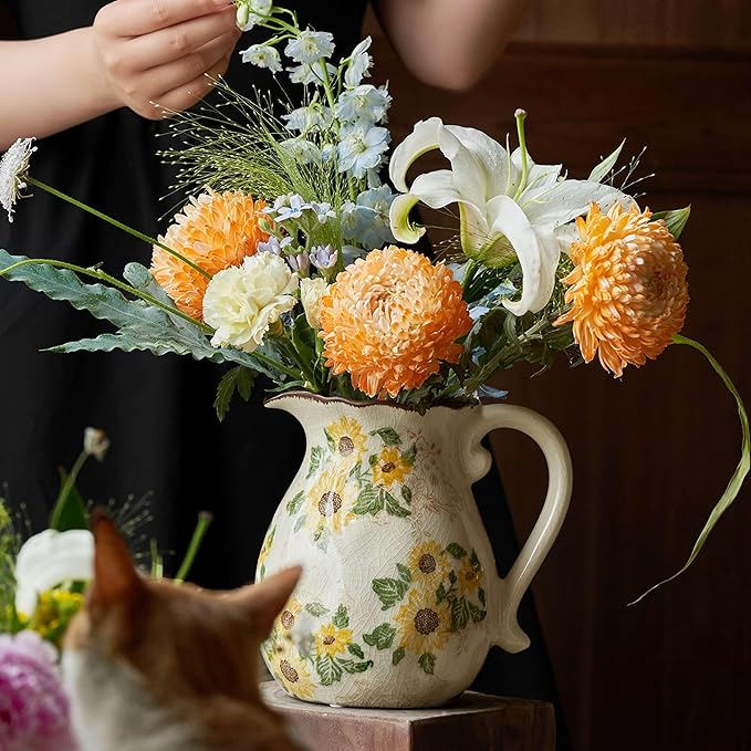 Vintage Vase with Handle, 7.6 Inch Ceramic Pitcher Sunflower Floral Vase, Rustic Farmhouse Vases for Grandma Core Home Decor, Bookshelf Office Tuscan Decor (Large Teapot)