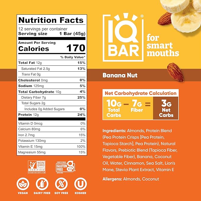 IQBAR Brain and Body Plant Protein Bars - Banana Nut - 24-Count - Keto, Vegan, Low Carb, High Fiber, Gluten Free, Dairy Free, Low Sugar Snack with Nutrients for Focus, Energy, Meal Replacement