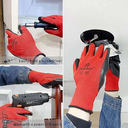 I9 Essentials 6 Pairs - Medium PU-Coated Seamless Work Gloves Lightweight Safety Gloves with Grip - Gardening, Construction, Woodworking