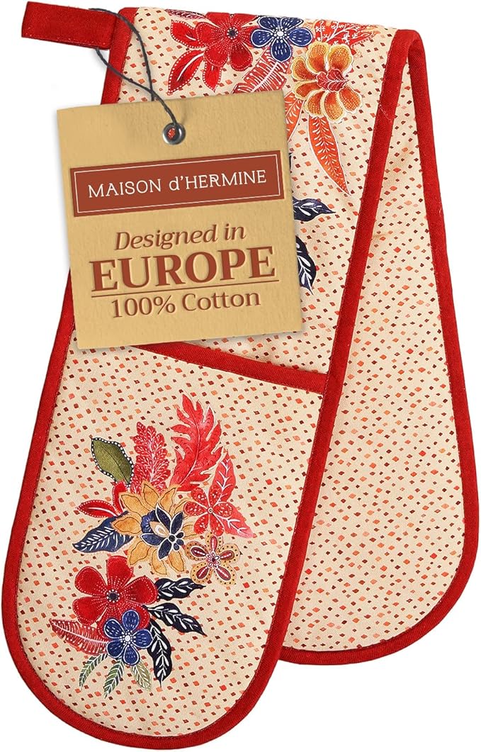 Maison d' Hermine Double Oven Mitts 100% Cotton 7"x35" Double Oven Mitt Heat Resistant BBQ Cooking Gloves with Loop, Baking, Grilling, Home, Kitchen, Handling Hot Pans (Kalahari)
