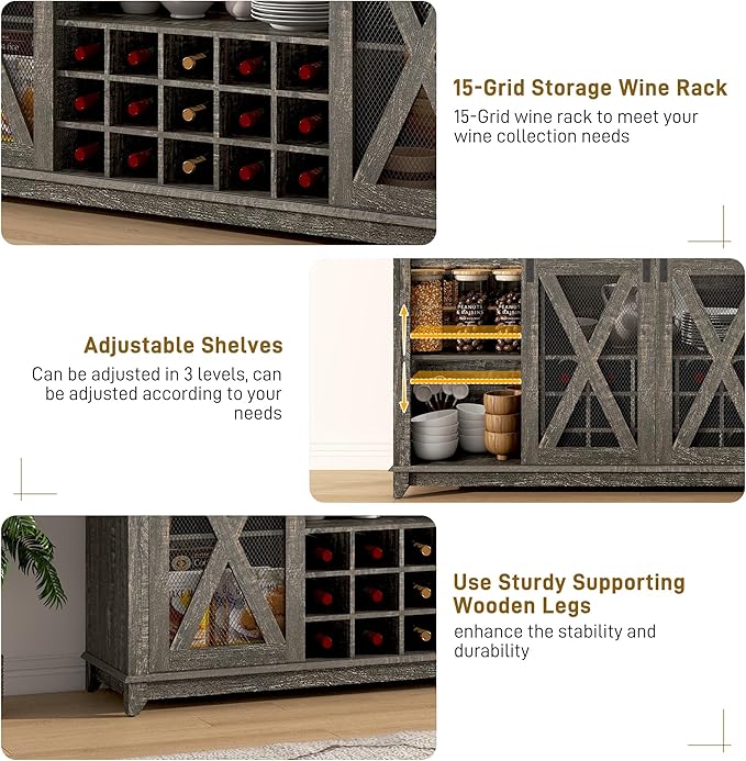 63"W Farmhouse Coffee Bar Cabinet with LED Light,Wine Bar Cabinet w/ 4 Tier Storage Hutch,Kitchen Buffet Cabinet w/Sliding Barn Door & 15 Wine and Glass Racks for Kitchen Dining Room(Dark Rustic Oak)