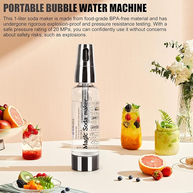 Portable Soda Siphon, 1L Travel Sparkling Water Maker Machine for Home & Outdoor, Carbonated Water Soda Streaming Machine, Soda Maker for Cocktails or Fizzy Drink, 8 gram CO2 Cartridges(Not Included)