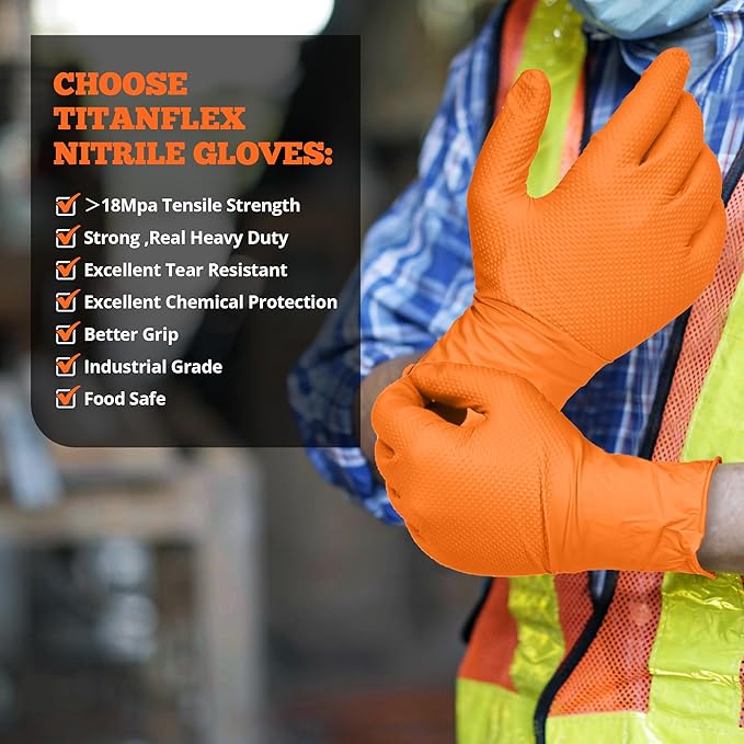 TitanFlex Heavy Duty Nitrile Gloves, 6 Mil Orange Raised Diamond Texture, Mechanic Disposable Gloves Latex Free Powder Free