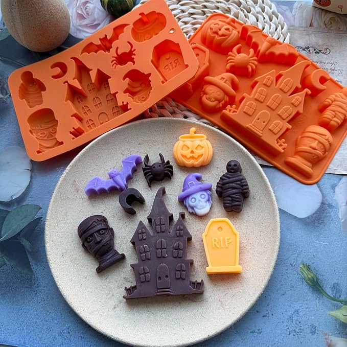 2 Pack Halloween Chocolate Candy Silicone Mold Halloween Molds Castle Pumpkin Tombstone Skull Witch Hat Gummy Jello Baking Mold for DIY Ice Cube Sugar Halloween Party Cupcake Topper Cake Decorating