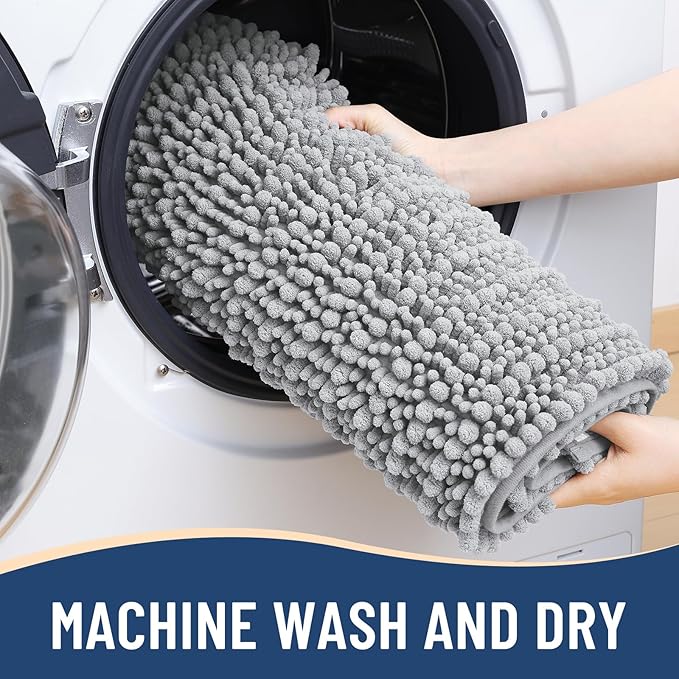 Arotive Luxury Chenille Bathroom Rug Mat, Extra Soft Thick Absorbent Shaggy Bath Rugs, Non-Slip Machine Wash Dry, Plush Bath Mats for Bathroom, Shower and Tub, 44x24, Light Grey