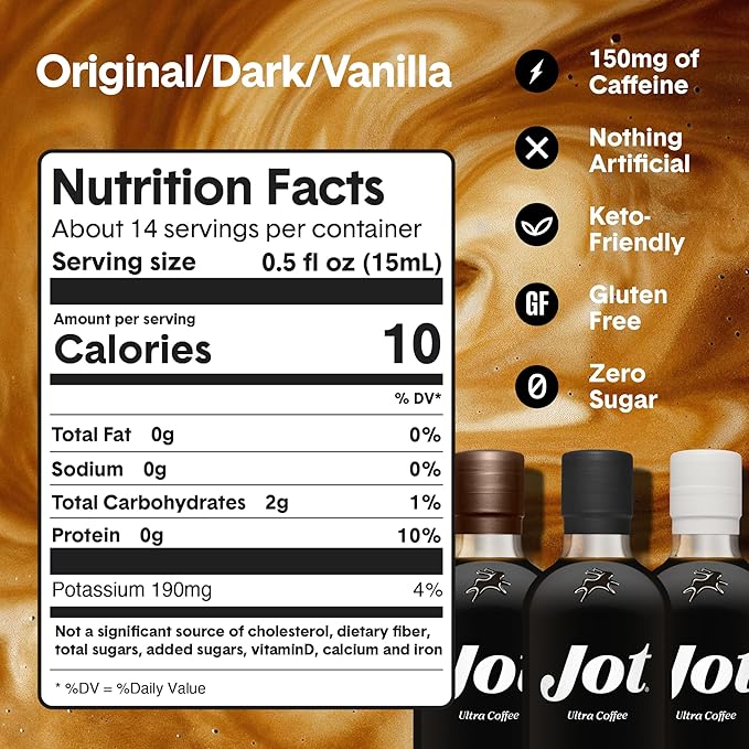 Jot Coffee Concentrate (Variety 3pk) High Caffeine Cold Brew Coffee Concentrate Liquid for Iced Coffees, Instant Espresso, Hot or Cold Instant Coffees - Makes 14 Cups, 150mg Caffeine/Tbsp, No Sugar