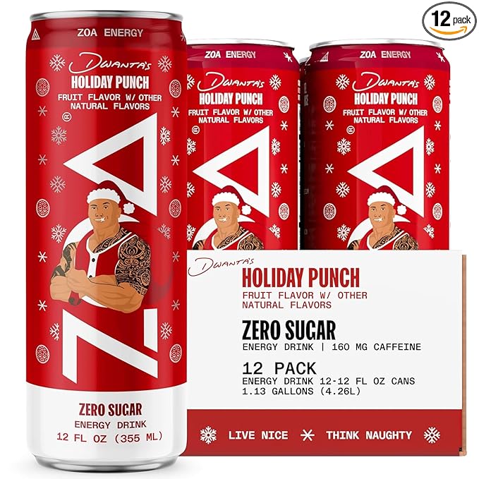 ZOA Zero Sugar Energy Drinks, Dwanta's Holiday Punch - Sugar Free with Electrolytes, Healthy Vitamin C, Amino Acids, Essential B-Vitamins, and Caffeine from Green Tea - 12 Fl Oz (12-Pack)