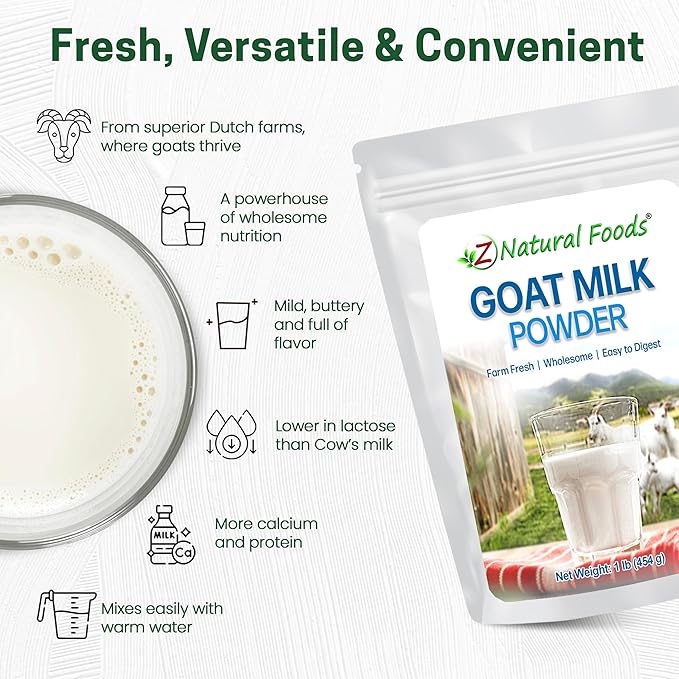 Z Natural Foods Goat Milk Powder - Pure Netherlands Full Cream Milk, Powdered Goat Milk, Highly Nutritious, Easy Digestion - Whole Goats Milk for Adults for Smoothies, Cooking, Baking, 1 lb