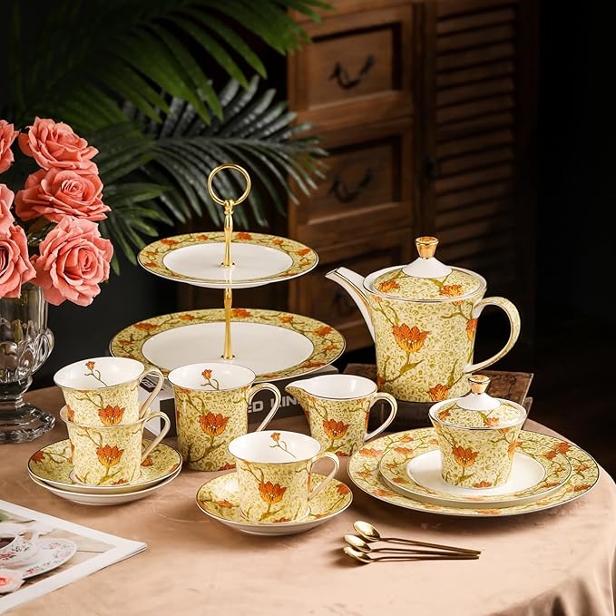 ACMLIFE Tea Set for Adults- Fine China Tea Set for 6, 21-Piece Vintage British Coffee Set English Porcelain Tea Pot Sets for Adult Tea Party for Women Gift (Tulip Yellow, Extra Large 21)