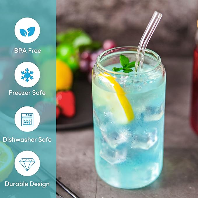 Joyclub Glass Cups with Bamboo Lids and Straws 2 Set 16 oz Reusable Iced Coffee Cup Beer Can Drinking Jars for Smoothie Whiskey Boba Soda Tea Gift