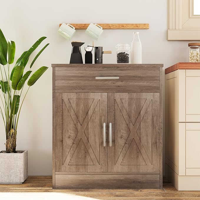 Vongrasig Sideboard Buffet with Storage, Modern Kitchen Storage Cabinet with 1 Drawer and 2 Doors, Wood Coffee Bar Buffet Table for Kitchen, Dining Room, Ash Grey