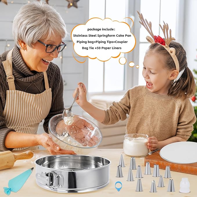 Aufind 10 Inch Springform Pan for Baking, 304 Stainless Steel Cheesecake Pan with Removable Bottom, Includes 12 Piping Tips and 50 Parchment Papers for Pie Cake Pizza and Quiches(10" Cake pan)
