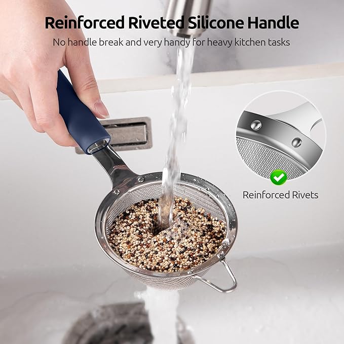 U-Taste Small Fine Mesh Strainer: 18/8 Stainless Steel 3.35in 30 Mesh Kitchen Food Sieve with Sturdy Riveted Silicone Handle, Heavy Duty Deep Handheld Metal Colander for Tea, Juice (Midnight Blue)