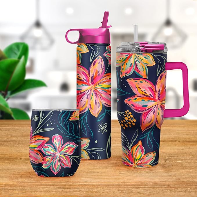 RainCaper 18/8 Stainless Steel Insulated Water Tumbler with Straw | 30oz, BPA-Free, Double Wall for Hot & Cold | Travel-Friendly, Cup Holder Ready (EttaVee Bold Flowers)