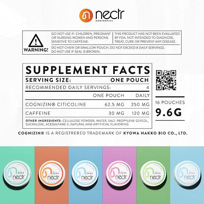 Nectr Energy Nootropic Pouches – Berry Blast Flavored, Caffeine Pouches with Cognizin® Citicoline. Sugar-Free Brain Treats. Smooth, Sustained Focus & Energy Supplement - 1 Puck of 16pcs