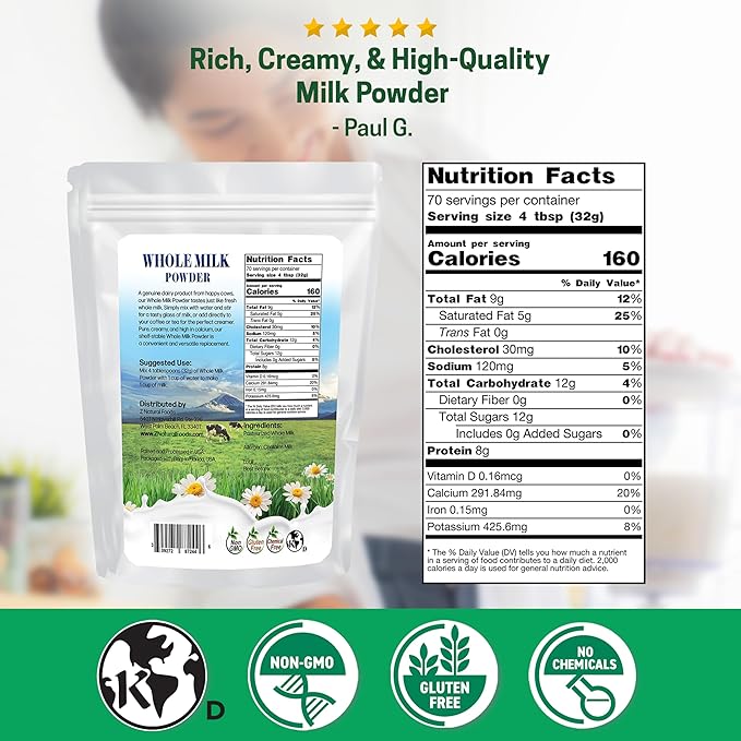 Z Natural Foods Premium Whole Milk Powder - Powdered Milk for Baking, Cooking, Drinks - Dry Milk Powder, Pasteurized, Non-GMO, Gluten-Free, Kosher-Certified, 5 lbs