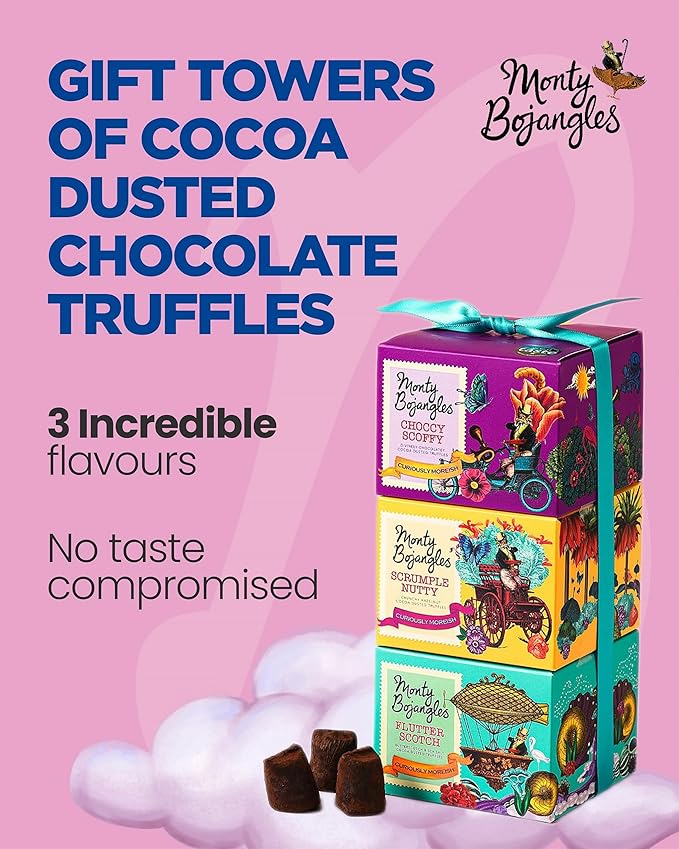 Monty Bojangles Cocoa Dusted Truffles Gift Tower (3 x 3.5oz Boxes) - 3 Flavors of Luxury Chocolate Truffle - The Perfect Chocolate Gift Box Selection