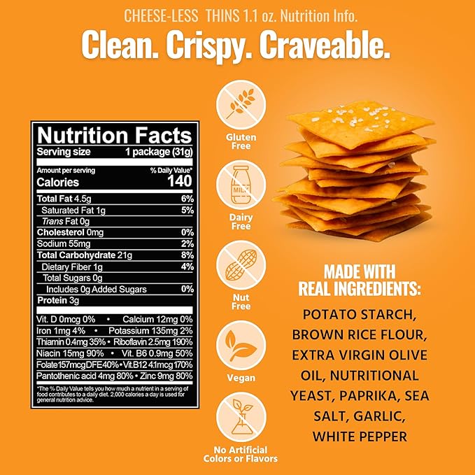 Every Body Eat Snack Thins, Gluten & Dairy Free, Vegan, School Safe Lunch Snacks, Cheese-Less (20 Single Serve Bags, 1.1oz)