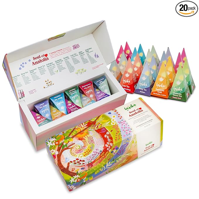 Lazika Tea Variety Pack with Lovely Presentation Box, Black, Green and Herbal Tea Sampler Gift Set, 20 Counts, Premium Collection with Pyramid Infuser Bag, Handcrafted