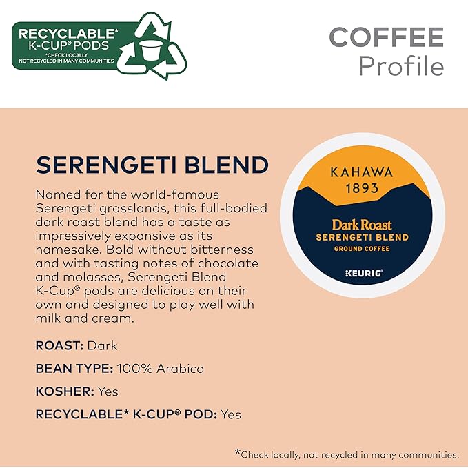 Kahawa 1893 Dark Roast Coffee K-Cup Pods Serengeti Blend (20 Count) - As Seen on Shark Tank, Low Acid, High Antioxidants, Naturally Sweet, Organically Grown, Ethically & Sustainably Sourced
