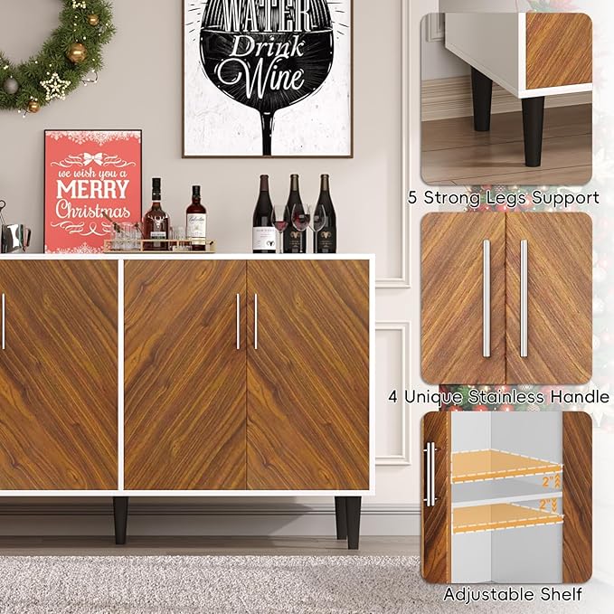 4 EVER WINNER Coffee Bar Cabinet with 4 Doors, Sideboard Buffet Cabinet with Storage, Walnut Buffet Cabinet with Storage with Adjustable Shelves for Kitchen,Living Room,White