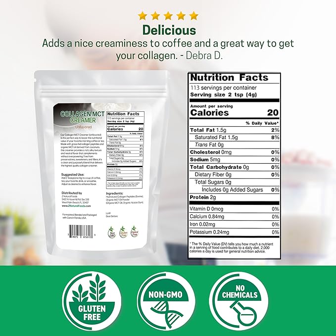 Z Natural Foods Collagen MCT Oil Creamer - Pure MCT Creamer Powder with Collagen Peptides - Collagen Creamer for Coffee, Tea & Culinary Use - Healthy Creamer, Keto & Paleo Friendly, Unflavored, 1 lb