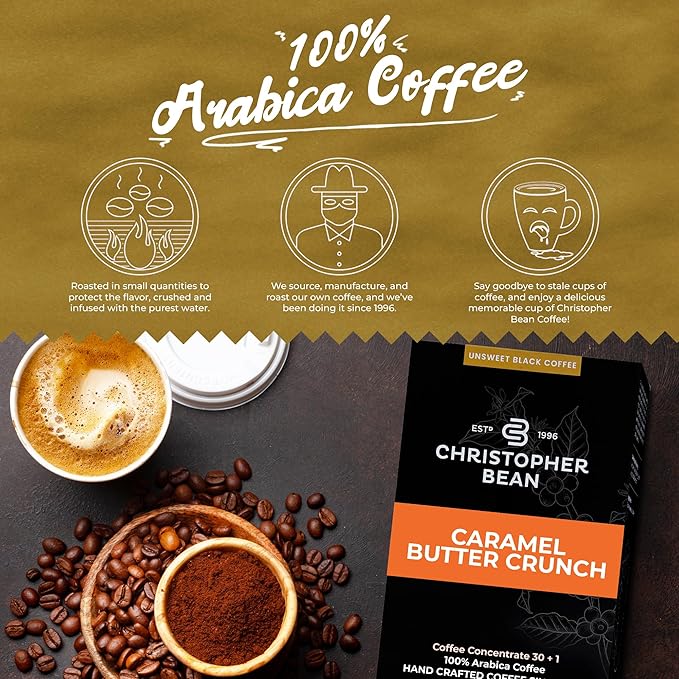 Christopher Bean Coffee - 396 servings, 30 to 1 Blend Bag in Box Liquid Instant Coffee or Cold Brew Coffee Concentrate - Hot or Iced Coffee - Caramel Butter Crunch
