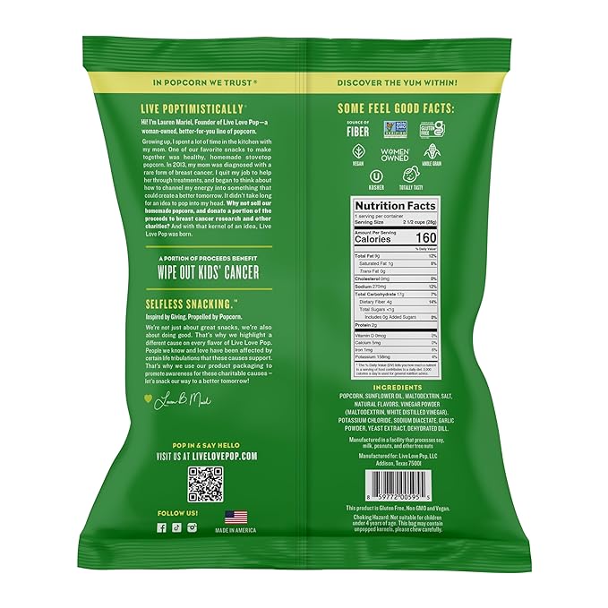 Live Love Pop Dill Pickle Flavored Gourmet Popcorn, 1.0 Oz (Pack of 12), Individual Snack Size Bags, Healthy Snack, Gluten Free, Vegan & Non-GMO, Mission Driven Munchies