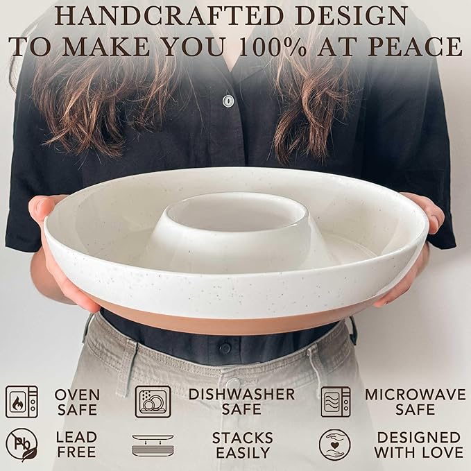 Mora Ceramic Chips and Dip Serving Tray: Large Divided Party Bowl Set for Chips & Salsa, Veggies & Dip, Fruit, Snacks, Entertaining, Hosting, etc. Minimalist Design for the Modern Hostess - White