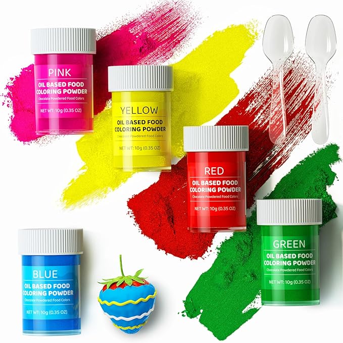 Oil Based Food Coloring Powder for Chocolate 5 Colors Powdered Edible Food Dye for Sugar Candy Melts Oil Frosting Icing Dye for Backing Cookies Fondant Food Color for Cake Decorating - 10g/ Bottles