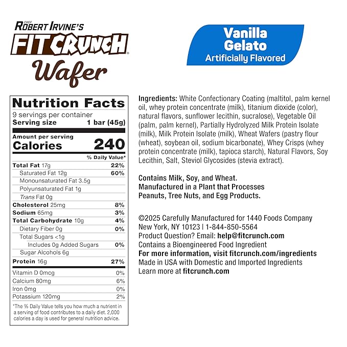 FITCRUNCH Wafer Protein Bars, 16g of Protein & 1g of Sugar (9 Bars, Vanilla Gelato)