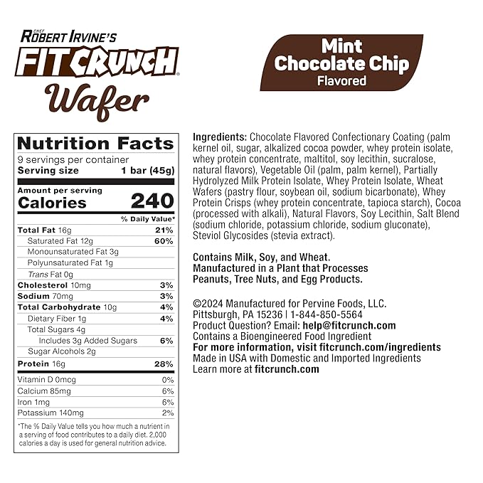 FITCRUNCH Wafer Protein Bars, 16g of Protein & 4g of Sugar (9 Bars, Mint Chocolate Chip)