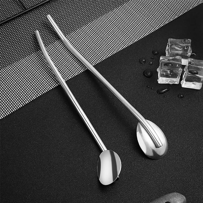 8Pcs Stainless Steel Straws Spoons, Reusable Metall Straws Spoon with 2 Cleaning Brushes,2 in 1 Snow Cone Straws Drinking Reusable Stainless Steel Ice Tea Long Spoons Straws for Cocktail Milkshake