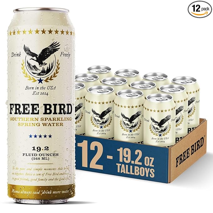 Free Bird, Sparkling Southern Spring Water, 12-Pack (19.2oz Tallboy Cans) – Unflavored Carbonated Zero Sugar, Crisp & Bubbly, Blue Ridge Mountain Water