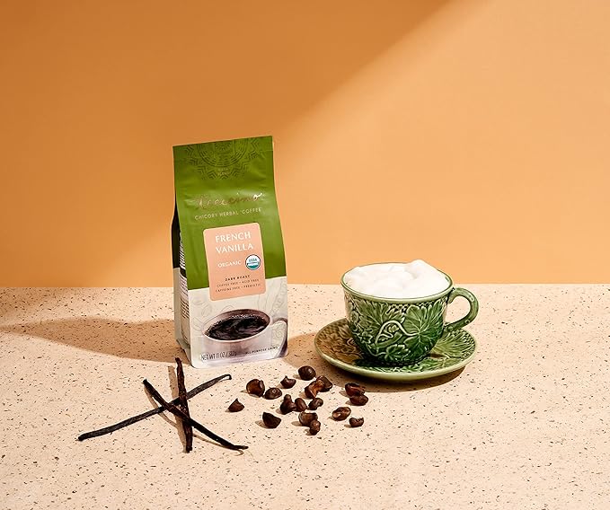 Teeccino Chicory Coffee Alternative – French Vanilla – Ground Herbal Coffee That’s Prebiotic, Caffeine-Free & Acid Free, Dark Roast, 11 Ounce