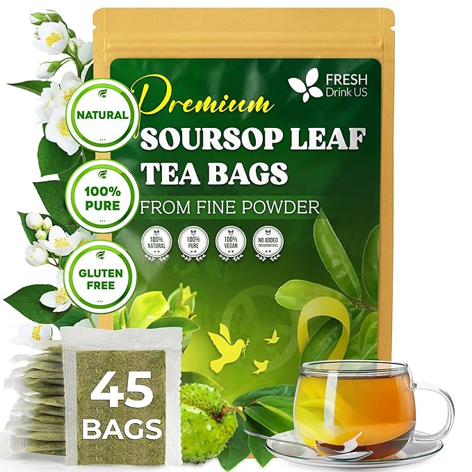 FreshDrinkUS, Premium Soursop Graviola Leaf Tea | 45 Tea Bags form Powder, 100% Natural and Pure, Handmade, Made With Natural Materials-Corn Fiber Tea Bag, Sugar/Caffeine Free, Hoja Guanabana Tea