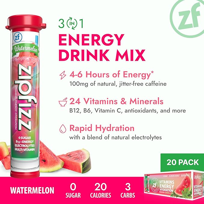 Zipfizz Daily Energy Drink Powder, Watermelon, 20 Pack | 3-in-1 Sustained Energy, Rapid Hydration, and Essential Vitamins | Sugar-Free | Electrolyte Powder | Contains Vitamin B-12 & Antioxidants