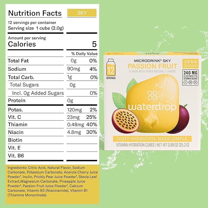 Waterdrop Hydration Cubes, Pineberry, Passion Fruit & Pear, Vitamin C, B1 & B3, On The Go Water Enhancer Drops for Still & Sparkling Water, Low Calorie, Zero Sugar, Gluten Free, Non GMO, Vegan, 24 CT