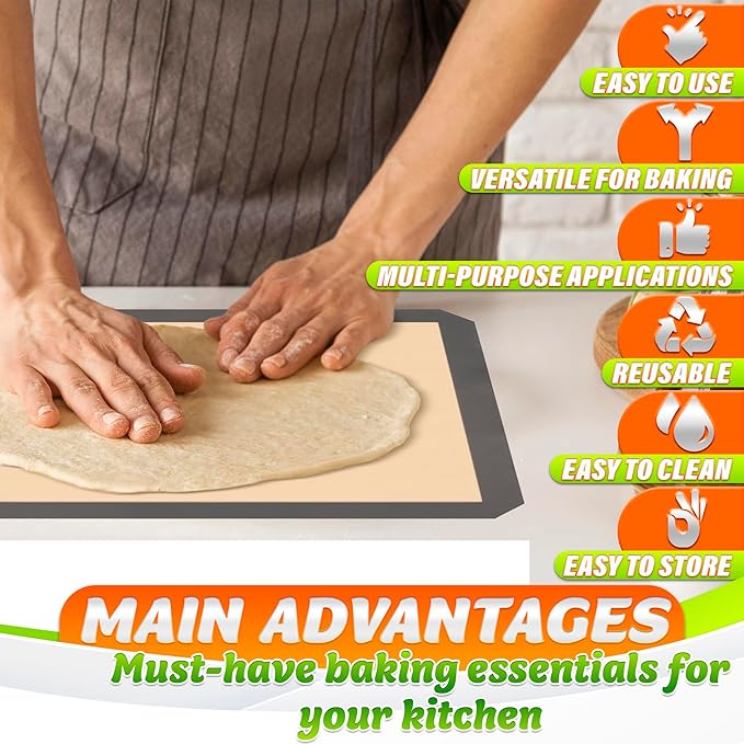 3 Pcs Silicone Baking Mat - Non-Stick Silicone Baking Mats Cookie Sheet with Reinforced Edges, Dishwasher Safe, Heat-Resistant - Uniform Heating & Easy Baking for Macarons, Cookie Dough, Roasts, Pizza