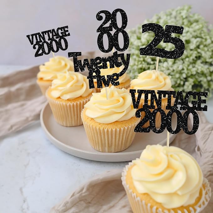 Gyufise 24Pcs 25th Birthday Cupcake Toppers Glitter Twenty-five Vintage 2000 Cheers to 25 Cupcake Picks Hello 25 Years Birthday Cake Decoration for Happy 25th Birthday Anniversary Party Supplies Black