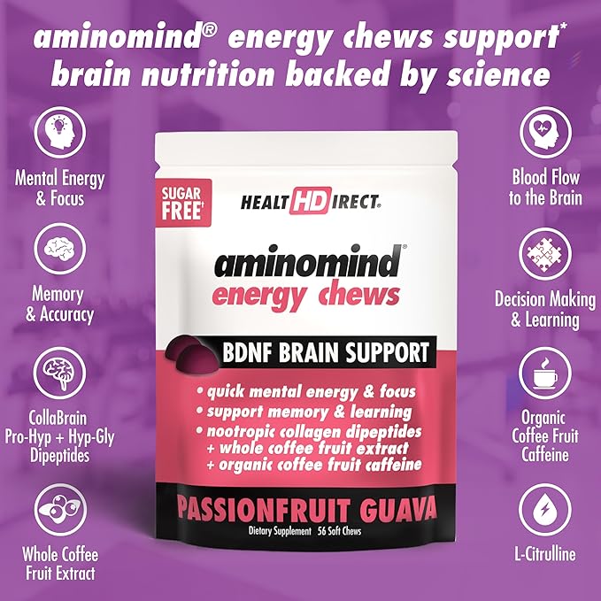 HEALTH DIRECT - AminoMind Energy Chews - Passionfruit Guava - 56 Chews - Optimal Cognitive Function