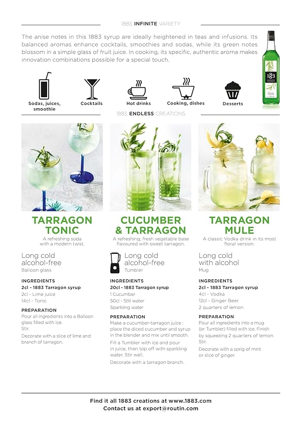 1883 Cucumber Syrup for Drinks, Made in France, 1 Liter Glass Bottle