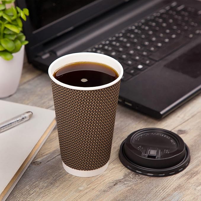 Promora Brown Disposable Coffee Cups With Lids 16 oz, Premium Insulated Paper Ripple Cups for Hot Coffee (80 Pack)