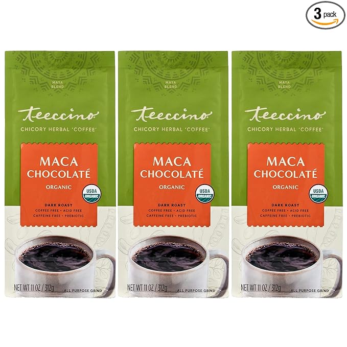 Teeccino Maca Chocolaté Chicory Coffee Alternative - Ground Herbal Coffee That’s Prebiotic, Caffeine Free & Acid Free, Dark Roast, 11 Ounce (Pack of 3)